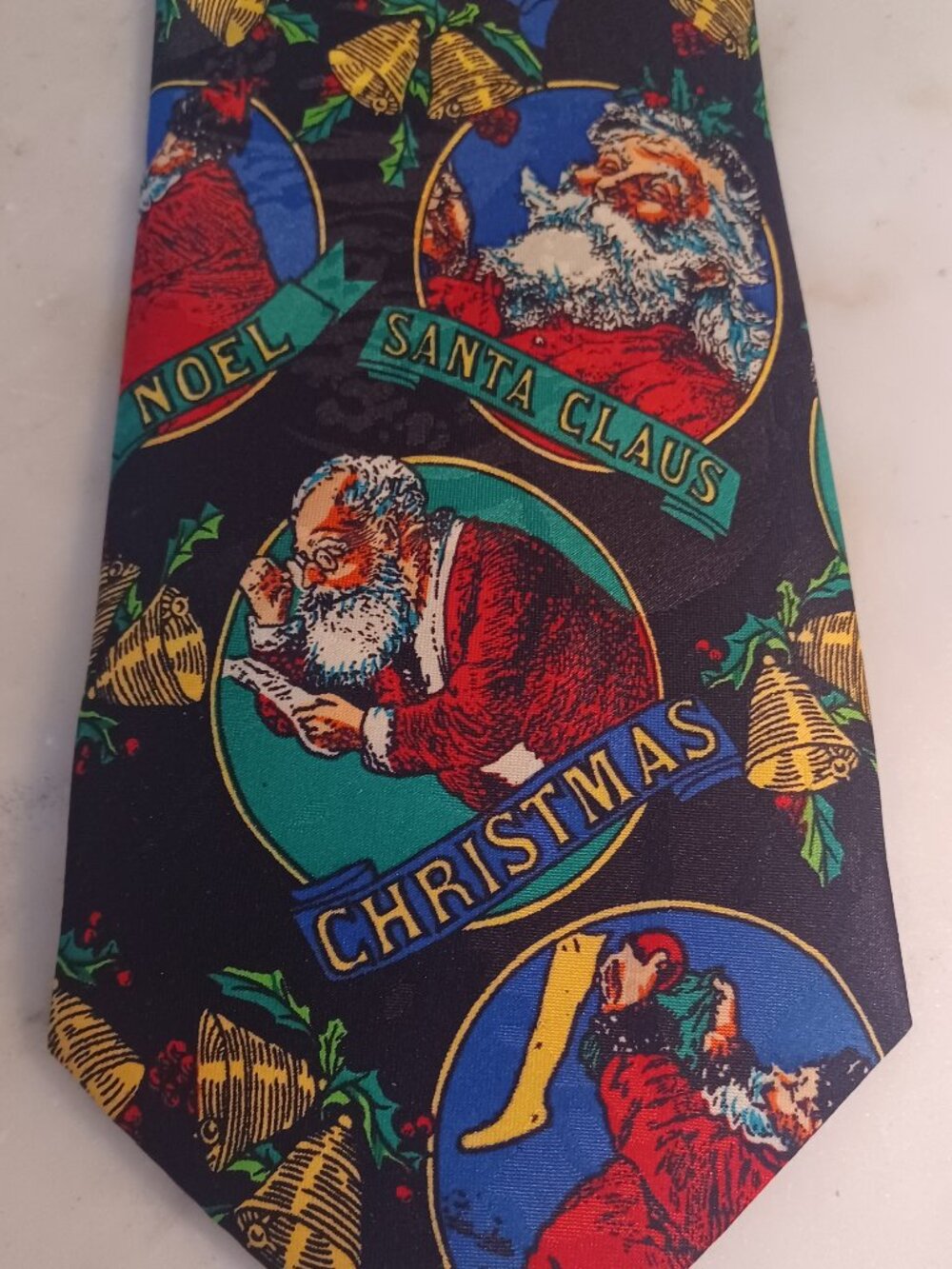 Vintage Surrey Christmas Santa Noel Holiday Tie Black Holly Bells